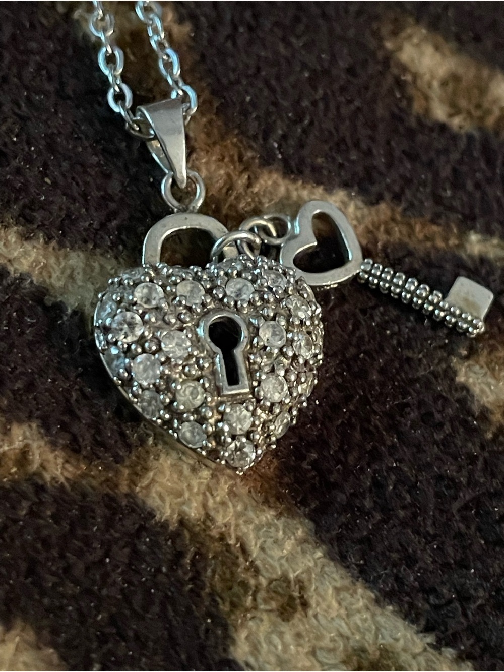 Silver Heart Lock & Key Pendant Necklace with Clear Crystals